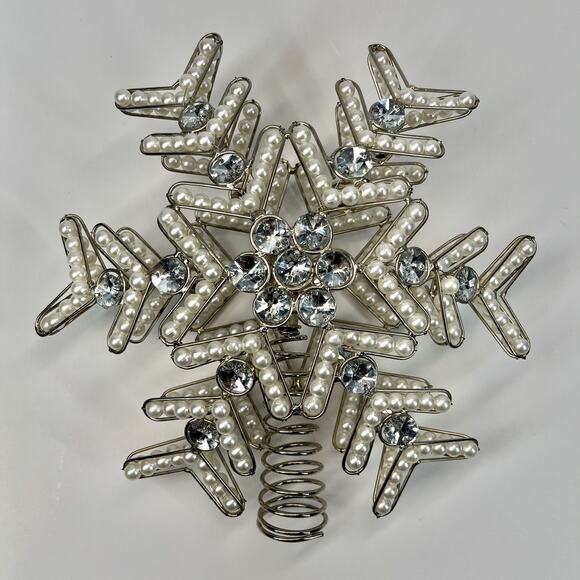 Jeweled Snowflake Christmas Tree Topper Beaded Faux Pearls & Crystal Rhinestones - Picture 1 of 6
